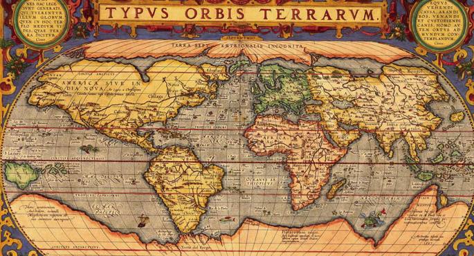 Abraham  Orteliusen 1570eko munduko mapa. Kontinente guztiak ezagunak izaki eta teknologia hobetuta, XVI. mendean mapak asko hobetu ziren, baina oraindik esfera plano bihurtzeko zailtasunek deformazio handiak eragiten zituzten.