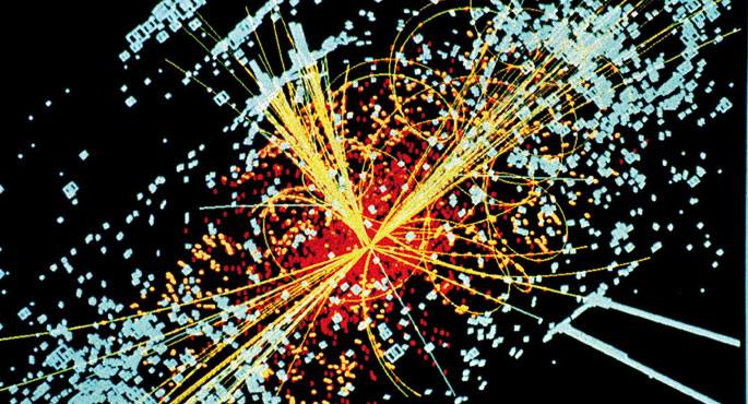Higgsen bosoiak utzitako arrastoaren itxura hipotetikoa, CERNen simulaturiko talkan lortua.