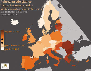 Eurostaten datuak oinarri hartuta Gaindegiak osatu duen mapa, Europan pobrezia edo bazterketan erortzeko arriskuan dagoen biztanleria kopurua adierazteko.