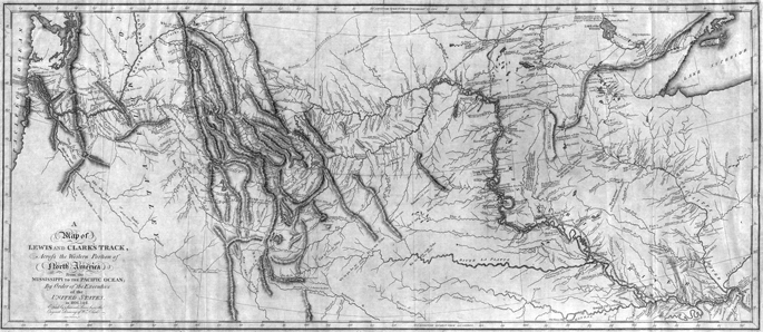 Lewis eta Clarken espedizioaren mapa, 1814an argitaratua. Espedizioari esker, AEBetako ipar-mendebaldea mapetan zehaztasunez jasotzen hasi ziren, eta Columbia eta Missouri ibaien iturburuak topatu zituzten. Berriki espedizioaren mapa askoz zehatzagoa egit