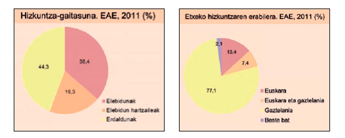 2011ko datuen arabera, euskararen arrastorik ez dutenak populazioaren %44,3 dira. Aldiz, etxeko erabilerari dagokionez, %77,1ek egiten du gaztelaniaz