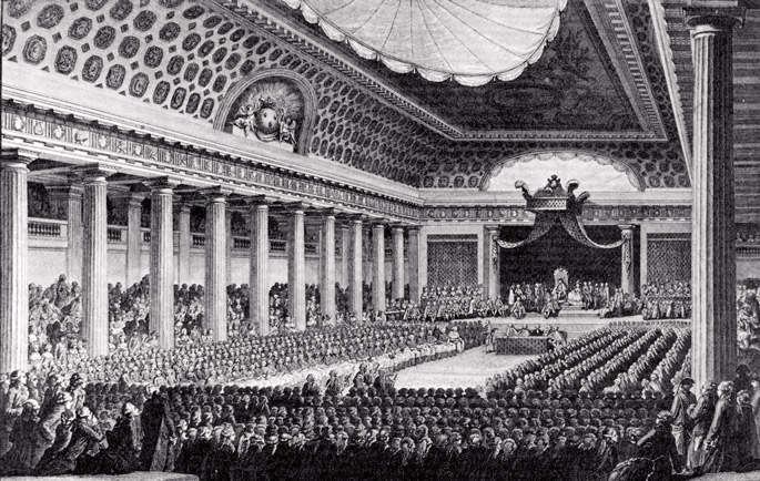 Estatu Orokorrak Versailles jauregiko Menus-Plaisirs aretoan bilduta, 1789ko maiatzean. Handik bi hilabetera, Frantziako Iraultza piztuta, Batzar Nazional Konstituziogilea ere gune berean bilduko zen, urrian Parisera aldatu zen arte. Ezkerraren eta eskuin