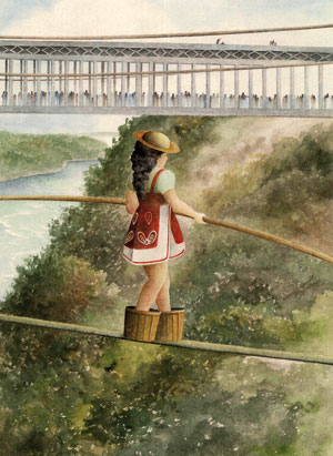 Maria Spelterini funanbulista italiarra Niagara ibaia zeharkatzen, 1876an. Gurean, Remigia Etxarrenek antzera zeharkatu zituen, besteak beste, Ibaizabal eta Arga ibaiak.