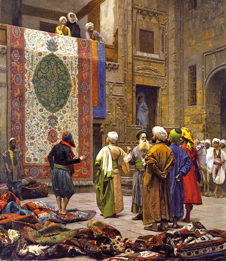 “Kairoko tapiz merkatariak”, Jean-Léon Gérôme (1824–1904). Hizpide dugun eskutitzaren egilea ere merkataria eta Kairokoa zen, baina lanak Indiara eraman zuen. Etxetik kanpo luze egon ondoren, emazteak dibortzioa eskatu zion eta senarraren erantzuna gugana