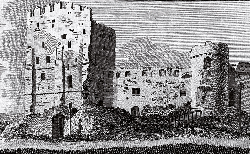 Portchester gotorlekua, Ingalaterrako kostaldean, 1786ko ilustrazio batean. Gotorlekua Dioklezianoren aginduz eraiki zuten, baina Marko Aurelio Karausiok, berehala, erromatarren aurka erabili zuen.