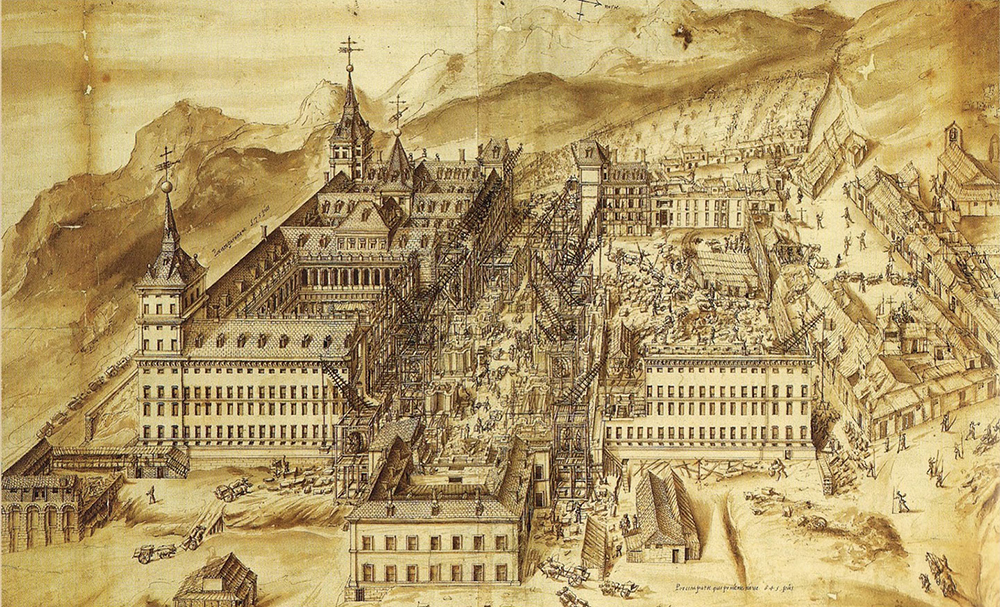 El Escorial monasterioa eraikitzeko lanak, Fabrizio Castello eta Rodrigo de Holandaren grabatuaren arabera. Lan horietan euskaldun asko aritu ziren, batez ere harginak.