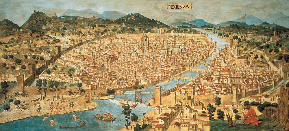 Florentzia XV. mendean. Hiriaren planoa asko aldatu da 600 urtetan; hiriko familia aberatsenen zerrenda, aldiz, ez (arg: Francesco Rosselli)