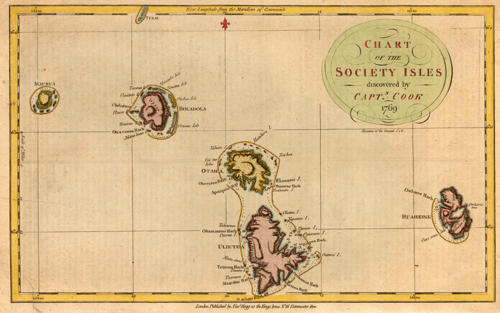 Mendebaldeko Sozietate Uharteak (1784). Mapa James Cook kapitainak 1769an irletara egindako lehen bidaian oinarritu zen. Domingo Bonaetxea getariarra urte batzuk geroago iritsiko zen inguru haietara. (arg: Alexander Hogg)