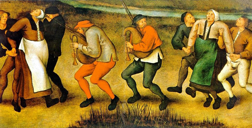 Pieter Brueghel gaztearen (1601-1678) 'Dantza molenbeek-en' lanak musikaz sendatzen saiatu ziren koreomania agerraldia irudikatzen du.