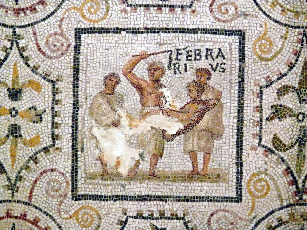 Otsailari dagokion mosaikoa, Tunisiako El Djem anfiteatroko erromatar egutegian. (arg: Sousseko arkeologia museoa)