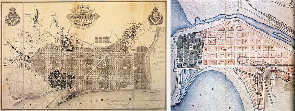 Ezkerrean, Ildefons cerdáren plana Bartzelona zabaltzeko (1860). 
Eskuinean, Donostiaren zabalgunerako planoa, antonio kortazarrena (1862). (argazkiak: Antonio Kortazar eta
Museu d’Historia de la Ciutat)