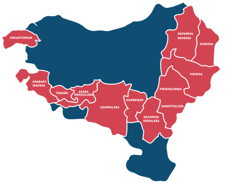 Gaindegiak Udalbiltzarentzat egindako mapa. Gorriz despopulazioa, langabezia edo zerbitzu irisgarritasun arazoak dituzten zonaldeak. 