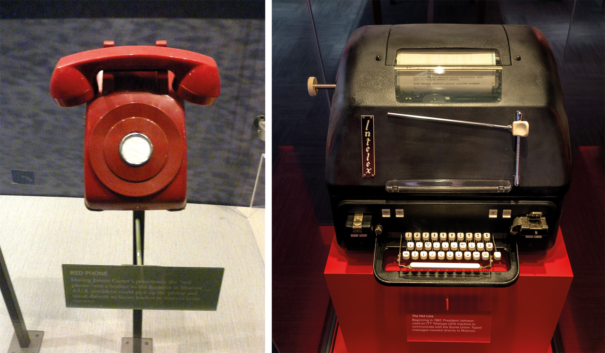 Jimmy Carter museoan dagoen ezkerreko telefono gorria ez zuten sekula erabili, objektu sinboliko hutsa da. Aldiz, eskuineko teletipoa 1967ko “telefono gorria” da. Argazkia: Jimmy Carter Museum / Lyndon Johnson Museum.