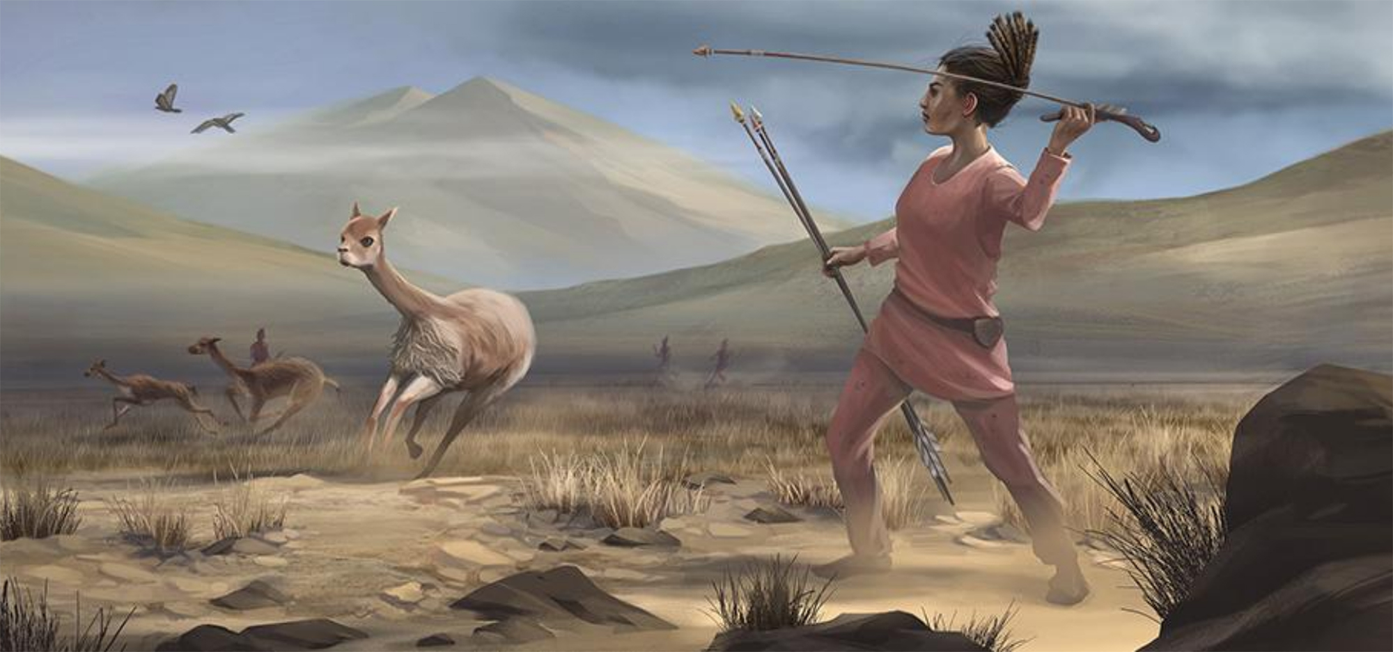 Duela 9.000 urte Andeetako goi-ordokian bizi zen emakume ehiztari baten gaur egungo irudikapena, haren hilobian aurkitutako lanabesetan oinarrituta.