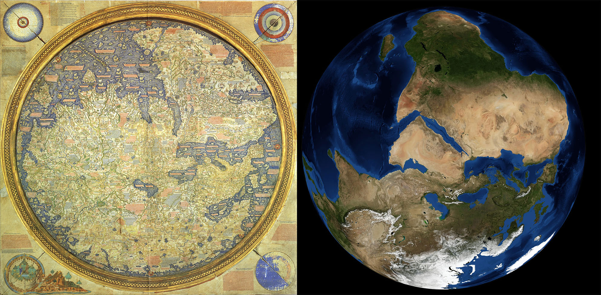 Ezkerrean, Fra Maurok 1459an amaitu zuen munduko mapa. Eskuinean, egungo satelite bidezko irudia, planetaren eremu bera orientazio berdiunean jasotzen duena. Argazkia: Nasa
