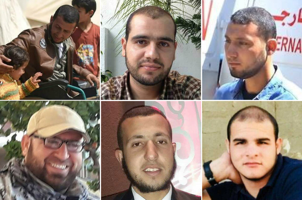 Starting from the left: Fadi Abu Salah, Motaz Al-Nunu, Jihad Mohammed Othman Mousa, Mousa Jabr Abdulsalam Abu Hasnayn, Ezz Eldeen Nahd Aloyutey, Anas Hamdan Salim Qadeeh