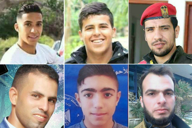 Starting from the left: Mahmoud Wael Mahmoud Jundeyah, Ibrahim Ahmed Alzarqa, Musab Yousef Abu Leilah, Jihad Mufid Al-Farra, Saeed Mohamed Abu Alkheir, Mohamed Hasan Mustafa Alabadilah